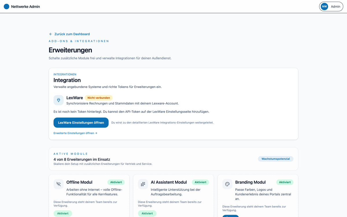 Erweiterungen im Admin-Panel: aktive Module wie Offline-Betrieb, KI-Assistenz und Branding, Lexware-Integrationsstatus