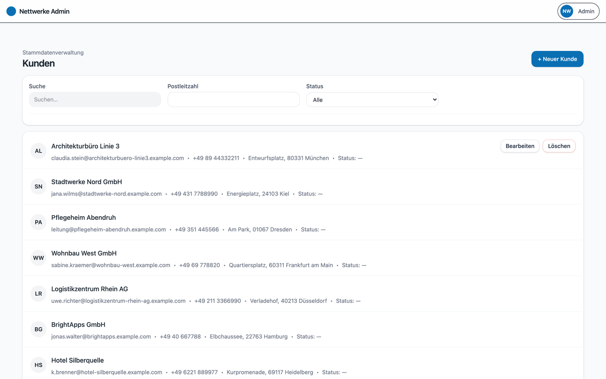 Kundenstamm im Admin-Panel: Firmenliste mit Kontaktdaten, Adressen, Suche und Statusfilter